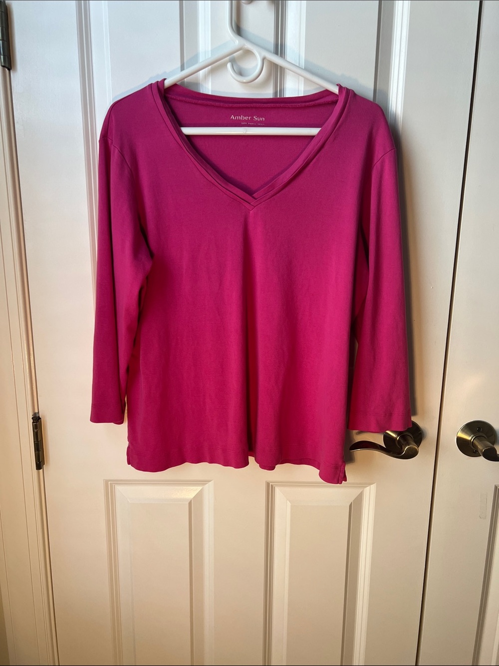 Amber Sun Women's V-Neck Long Sleeve Top in Fuchsia 100% organic cotton